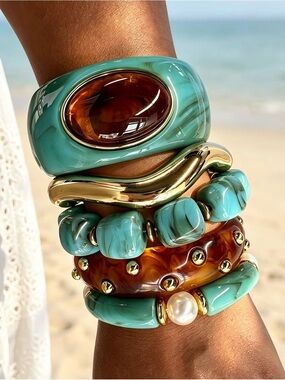 Turquoise and Amber Resin Stackable Bracelet Set